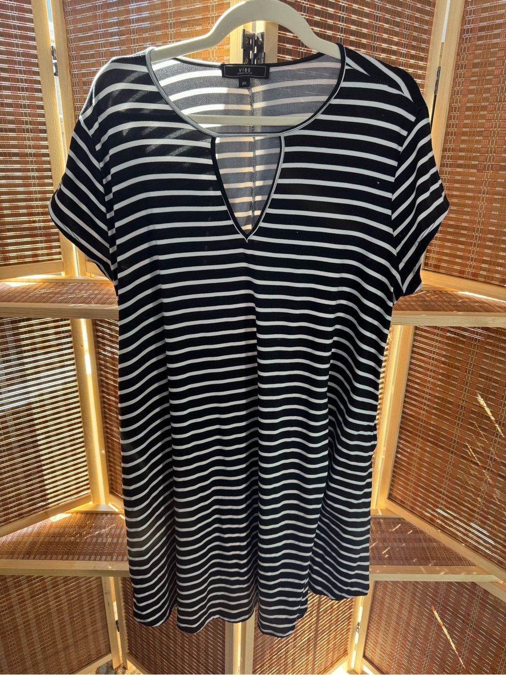 Vibe Gray & White Striped Keyhole T-Shirt Dress N0350